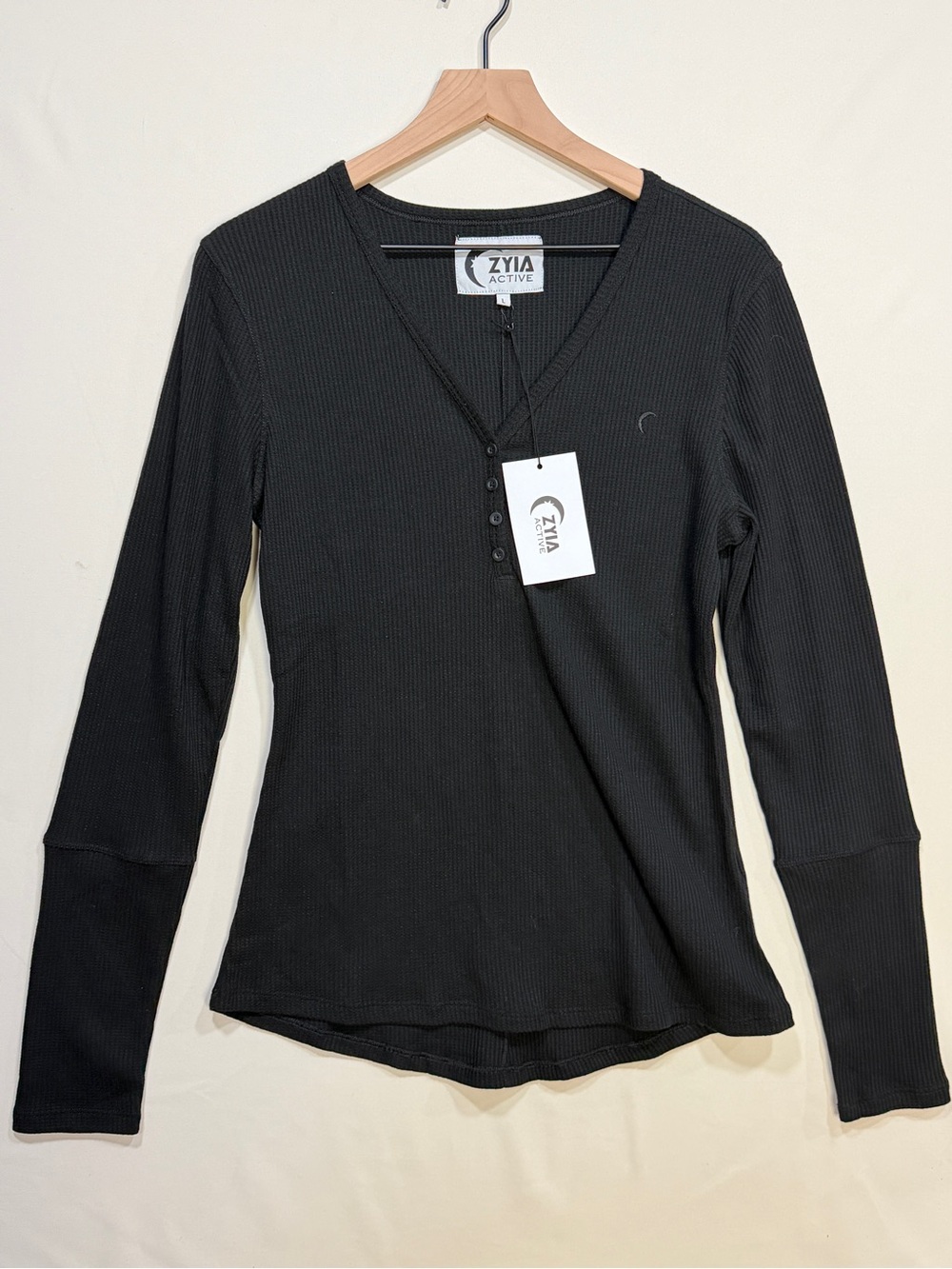 Zyia Active Black Ribbed Henley Long Sleeve Top